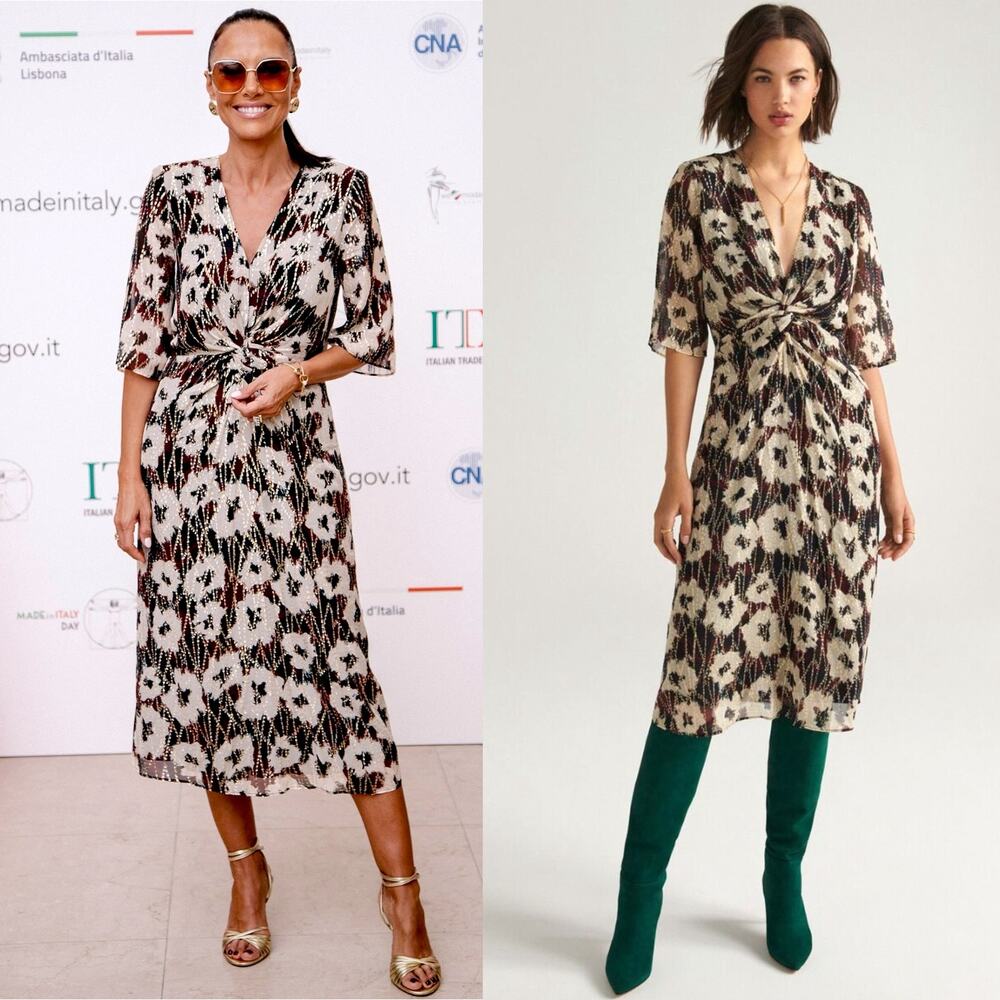 New $555 BA&SH Kaz Dress Metallic Midi Twist Front Waist Ecru Cocktail Wedding